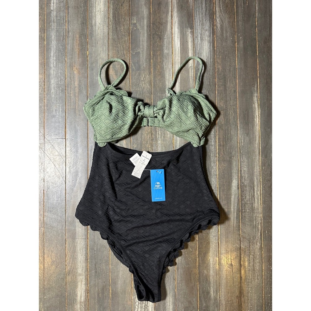 CUPSHE Women Green Black Scalloped Cutout One Piece Swimsuit Monokini NWT Size S